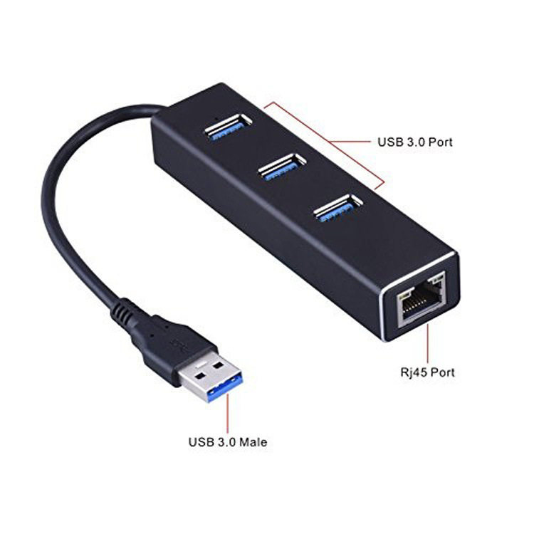 铝合金款usb3.0转rj45带3口hub千兆网卡外置有线免驱网口即插即用