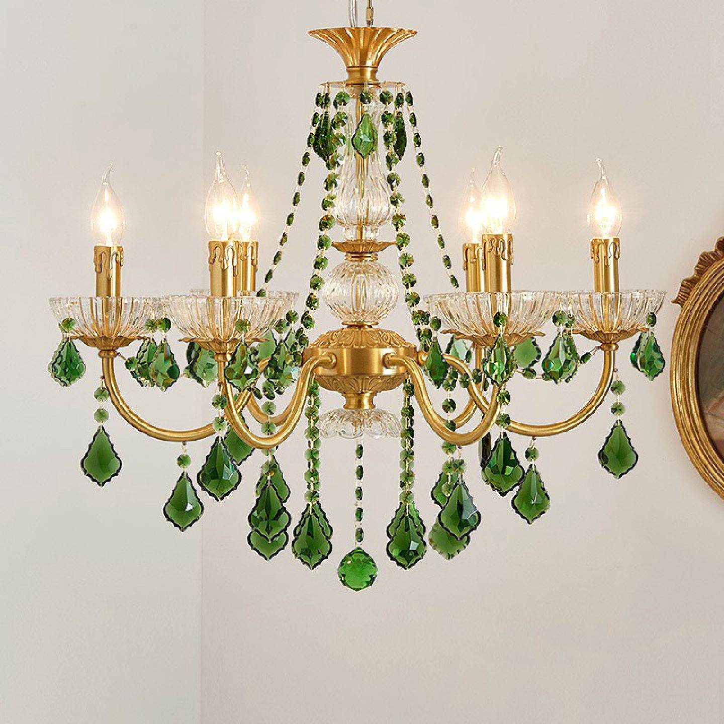 法式客厅水晶吊灯轻奢卧室餐厅铜墨绿色欧式复古田园全铜蜡烛灯具