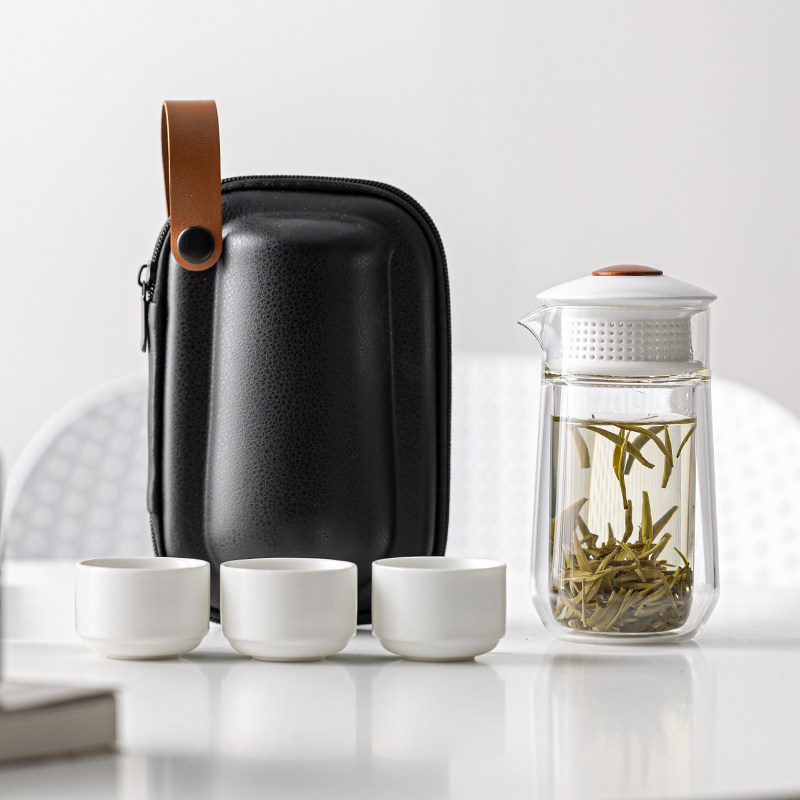 简约快客杯一壶三杯双层加厚防烫玻璃便携旅行功夫茶具套装