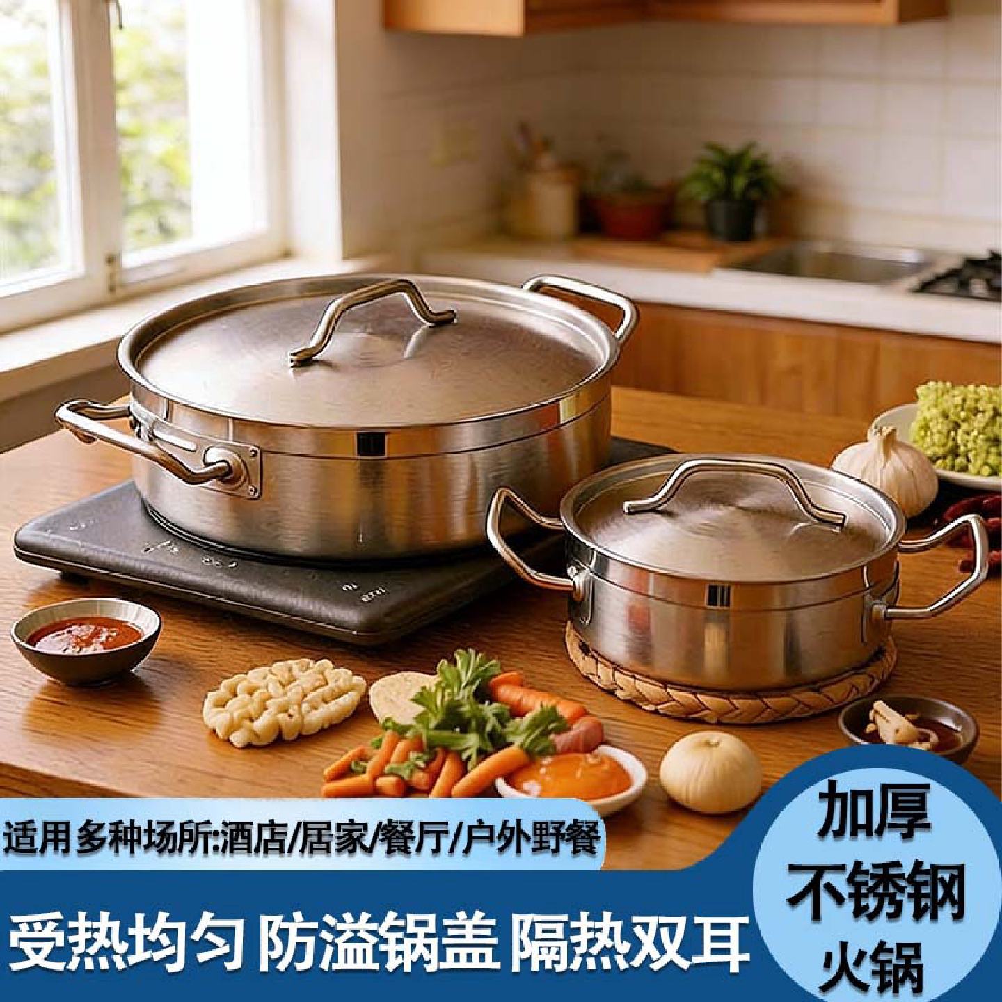 不锈钢加厚直身单底复底锅大容量清汤锅火锅鸳鸯锅电磁炉专用家用