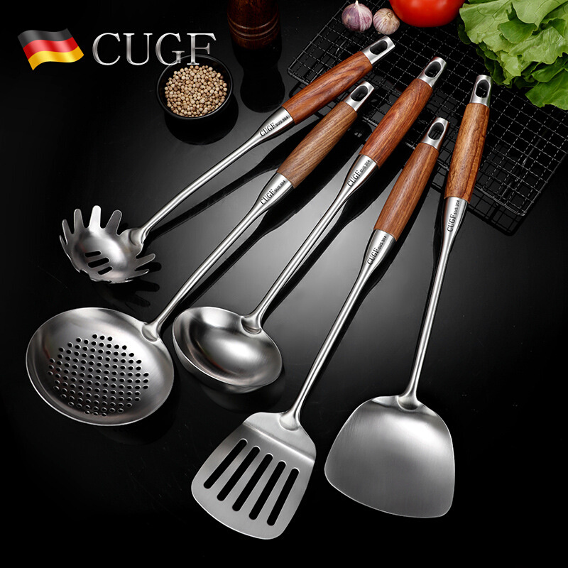 304不锈钢木柄锅铲汤勺炒菜漏勺铁铲子2085家用炒勺不粘锅铲套装