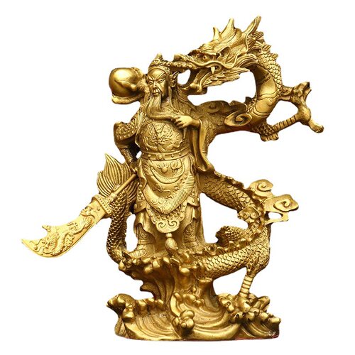 黄铜关公神像摆件骑龙关公铜像降龙武财神关公像家用供奉佛像大号