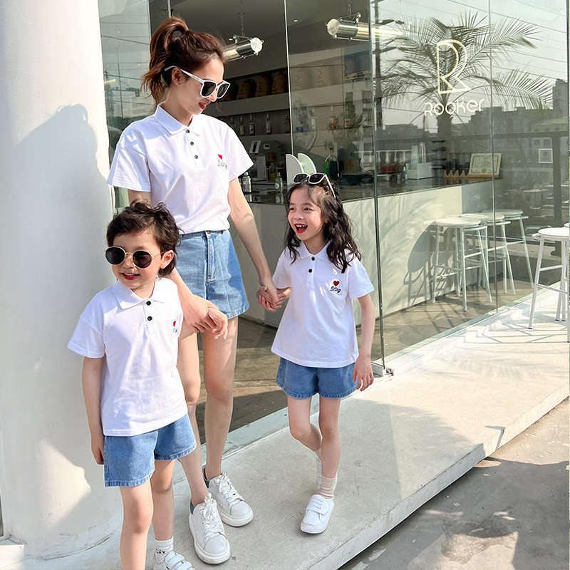 亲子装一家三口母子母女装洋气短袖白色纯棉衬衣衫高端套装潮