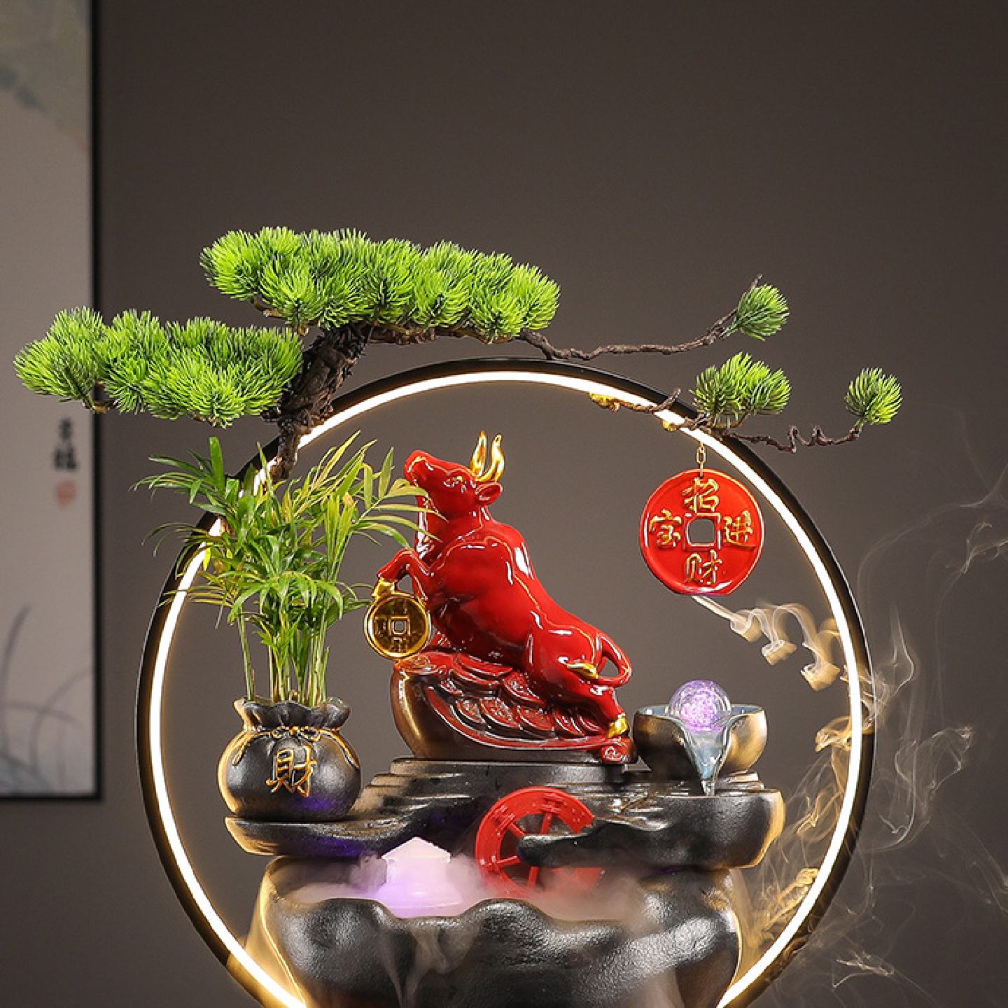 新中式流水生财摆件家居客厅循环水风水轮招财猫新家乔迁开业礼物