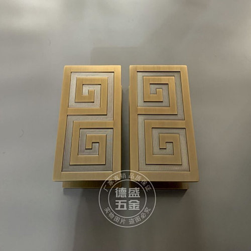 中式木门拉手方形回纹黄古铜色玻璃门拉手豪华大气仿古大门把手