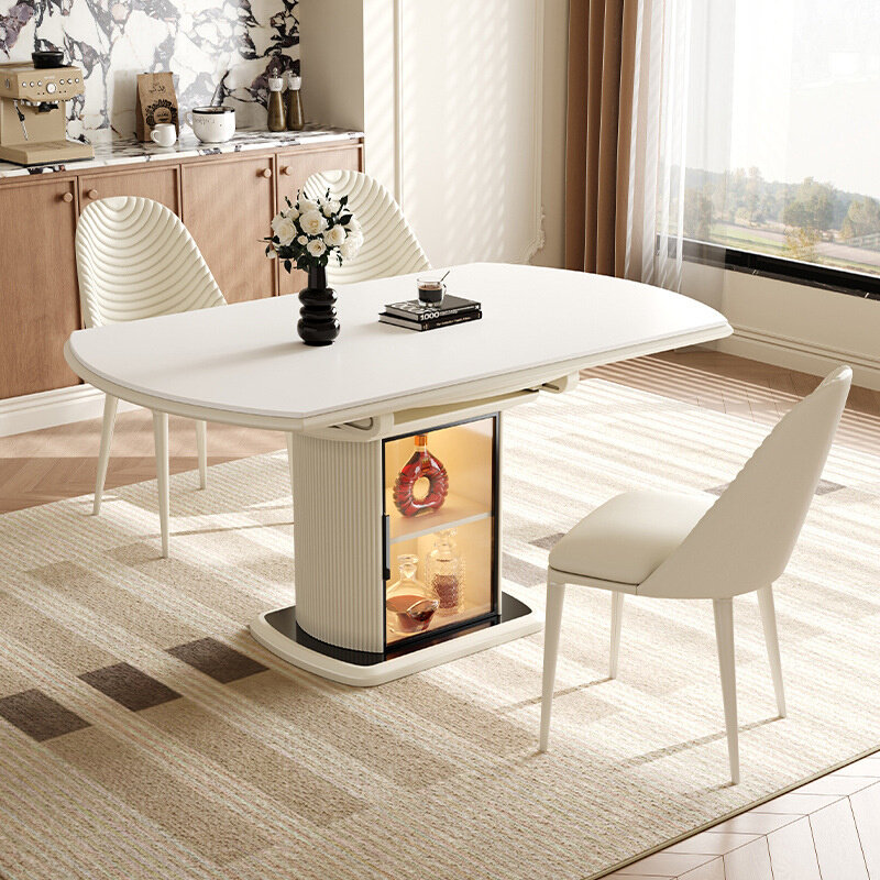 法式岩板餐桌可伸缩方变圆两用简约现代轻奢家用奶油小户型饭桌椅,住宅家具,板木餐桌,淘宝优惠券,粉丝福利购,淘宝优惠卷