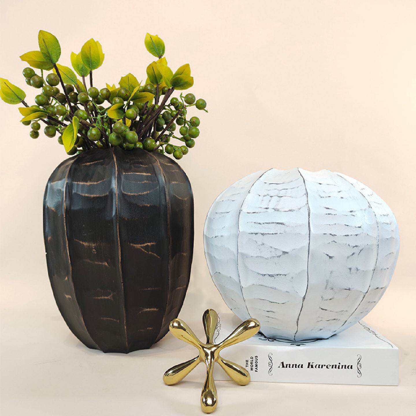 新中式仿木树脂核桃纹花瓶样版房酒店会所餐桌玄关花器饰品摆件