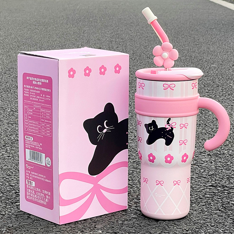 小猫保温杯大容量巨无霸水杯保冷吸管可爱双饮冰霸杯子女生高颜值