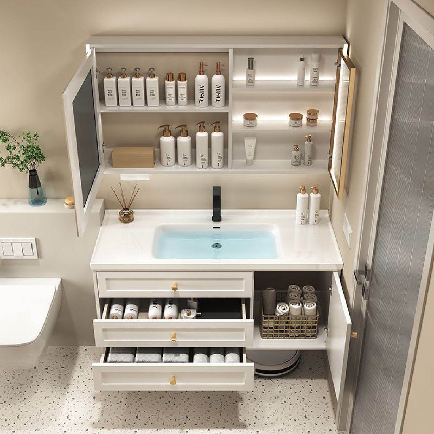 奶油风卫生间洗漱台一体台盆浴室柜组合洗手池智能镜子挂墙落地式