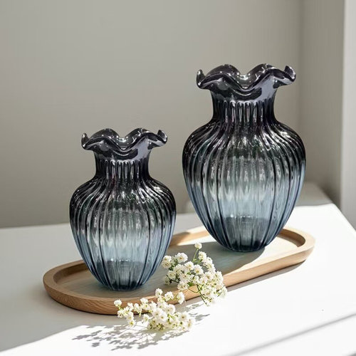 欧式简约烟灰色浪花口玻璃花瓶家居客厅桌面摆件样板房饰品乔迁礼