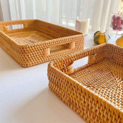 秋藤编收纳托盘水果篮客厅长方形家用果盘面包蔬菜柳编收纳筐茶盘