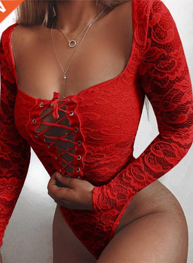 2021 White Hollow Out Lace Bodysuit Women Spring Autumn Clot