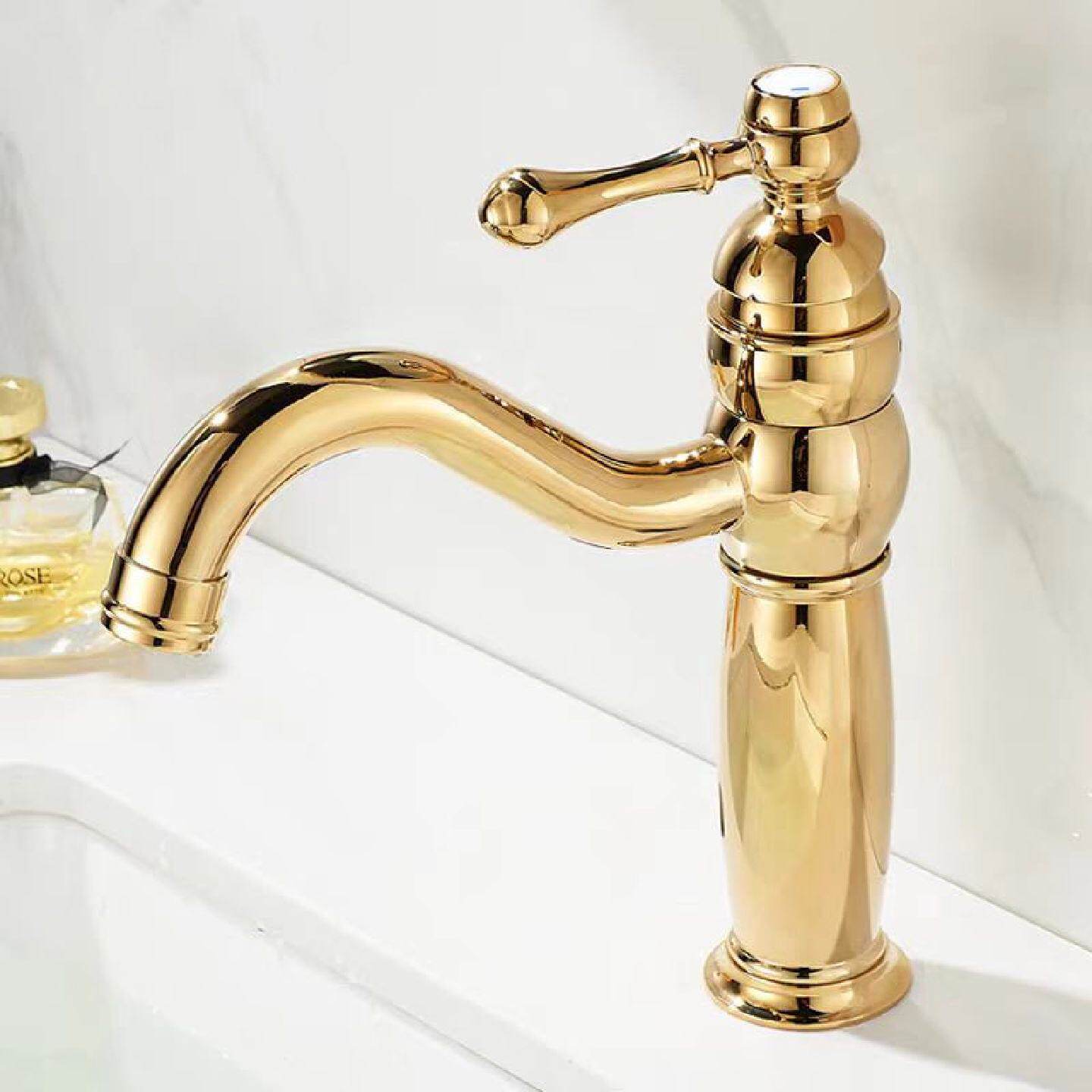 法式复古全铜面盆冷热水龙头卫生间洗手盆洗脸盆面盆旋转龙头金色