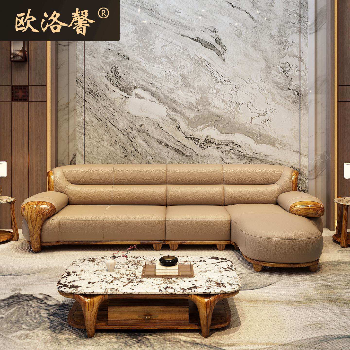 高端乌金木真皮转角沙发贵妃组合特厚头层牛皮客厅佛山家具工厂