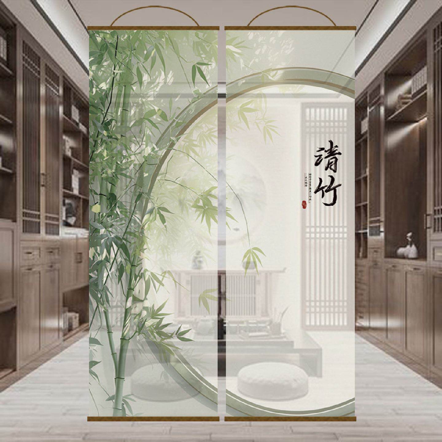 新中式水墨竹画高级透景屏风纱卷帘隔断帘挂帘窗帘玄关透光纱帘