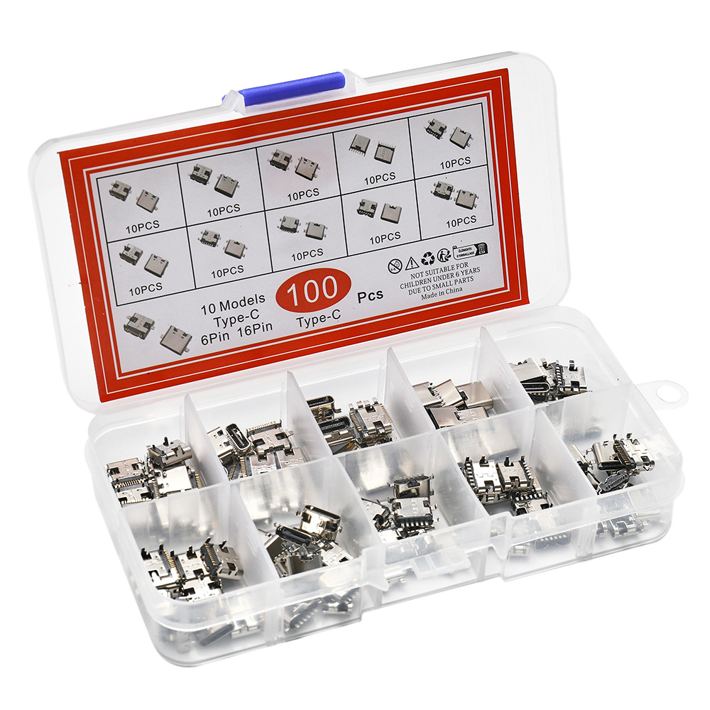 100PCS 10种规格 TYPE-C USB母座直插贴片插座USB-3.1 6P 16P 4脚