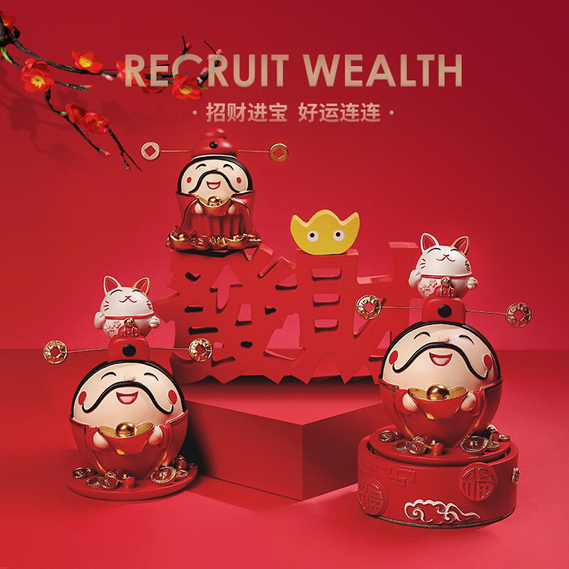 新中式萌趣Q版财神喜气洋洋新年红恭喜发财装饰工艺树脂摆件玄关
