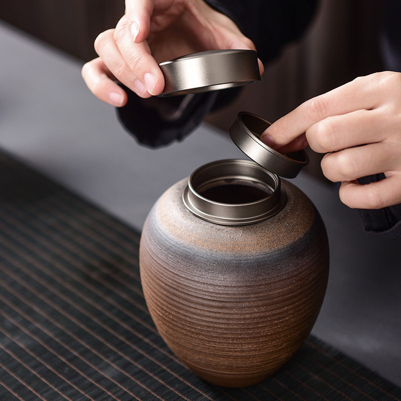 古早烧粗陶大号茶叶罐防潮复古醒茶罐陶瓷存茶盒密封茶叶存储罐