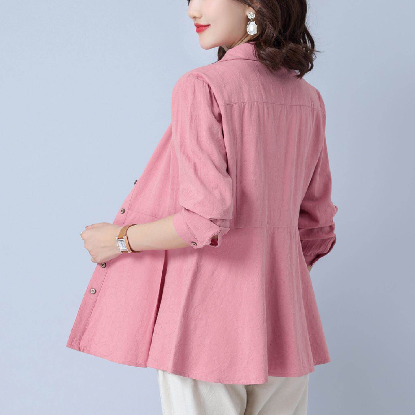 长袖衬衫女士中长款上衣2025年春装新款修身显瘦遮肚子妈妈装衬衣