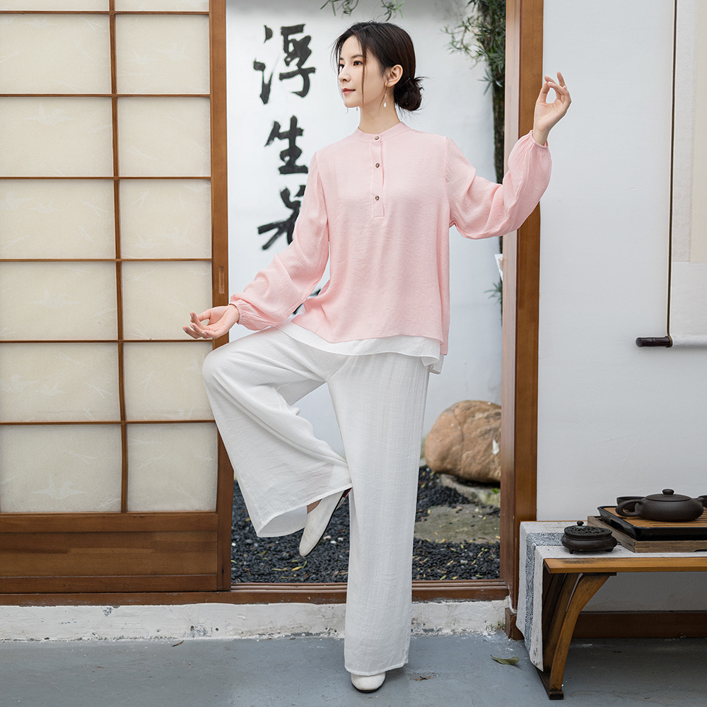 春秋新款长袖民族风棉麻居士服打坐套装国风禅茶服养生太极服套装
