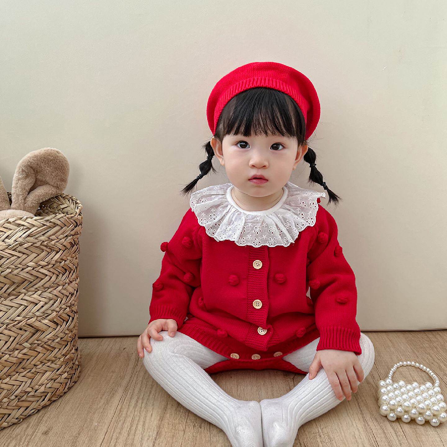 新年婴儿衣服春装女宝宝百天周岁礼服秋冬纯棉毛衣背带裤外套套装
