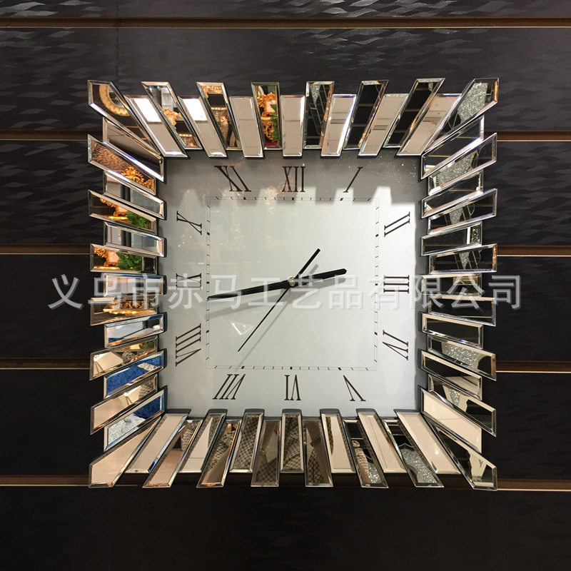 跨境客厅壁挂创意装饰挂钟太阳牌机芯时钟镜子玻璃镜面钟表镜子