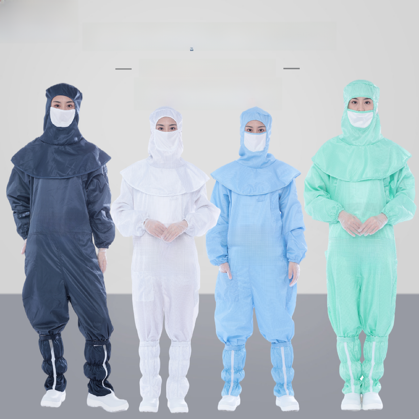 华星光电衣帽分离式百级网格无尘服果绿色斜拉炼披肩帽藏青色连体