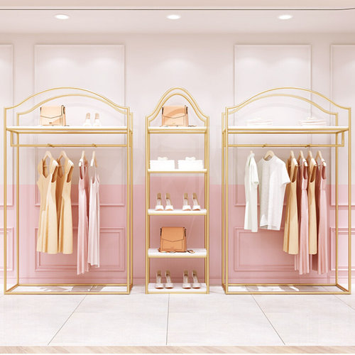 服装店展示架双层侧挂金色女装货架高柜挂衣架落地式衣服陈列架子