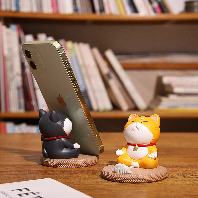 如果卡通猫咪狗狗手机支架平板支撑架子树脂工艺品创意着桌面摆件