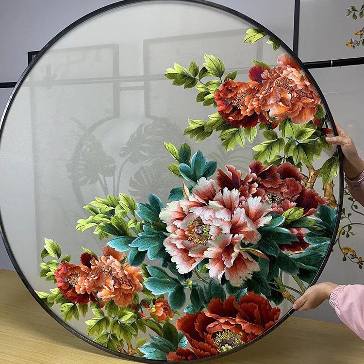 刺绣苏绣双面绣屏风半透明纱布画心入户玄关隔断富贵花开牡丹装裱