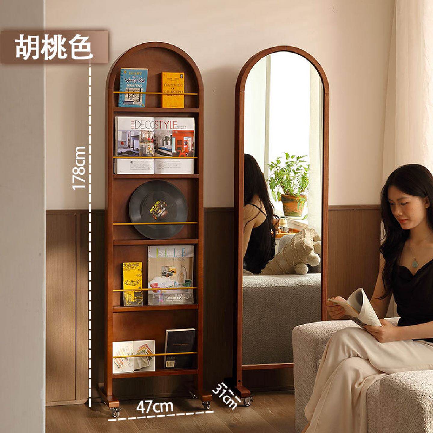 中古实木全身镜可移动落地法式复古收纳杂志书架一体旋转穿衣镜子