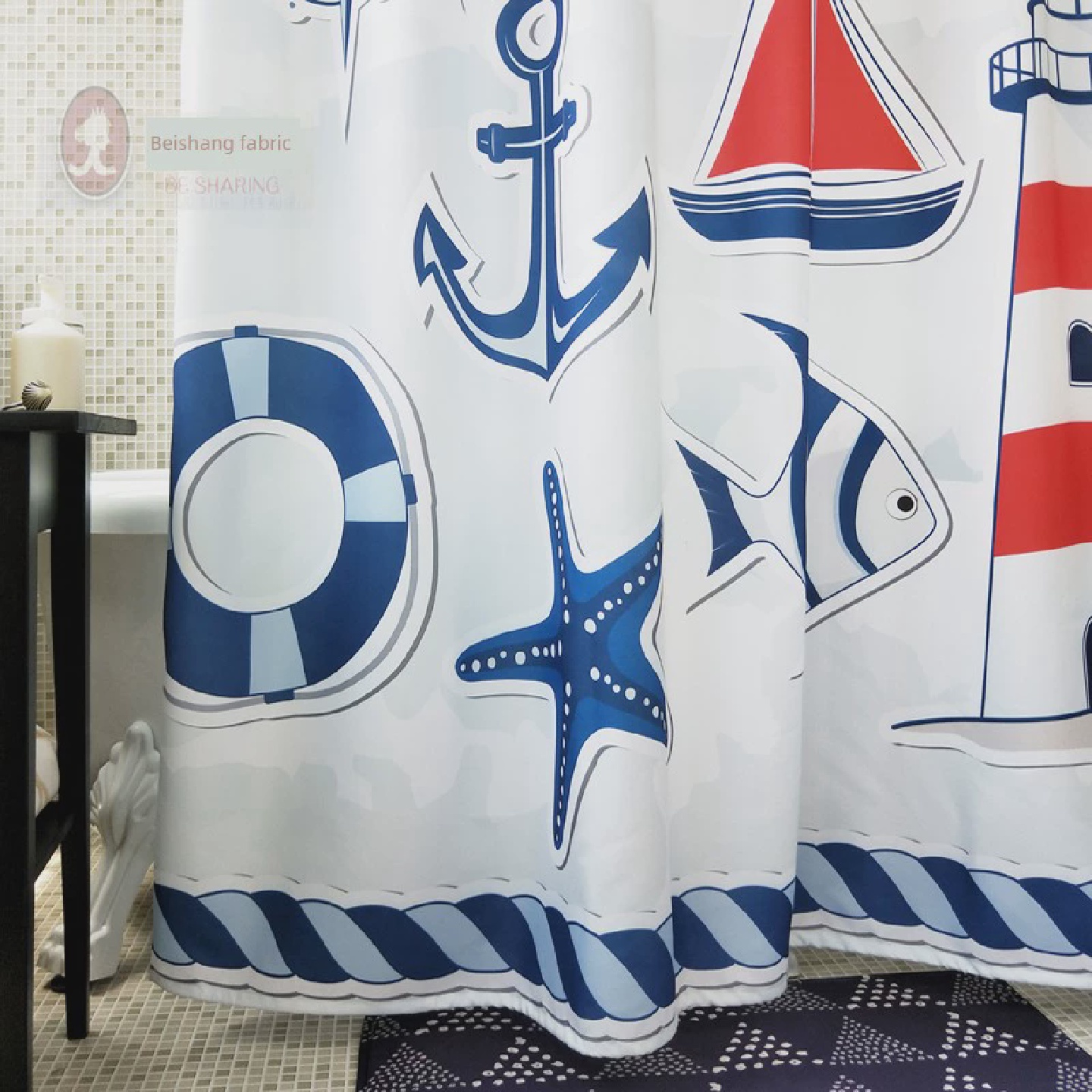 灯塔蓝色地中海定制浴室窗帘防水防霉加厚浴帘浴室卫生间隔断窗帘