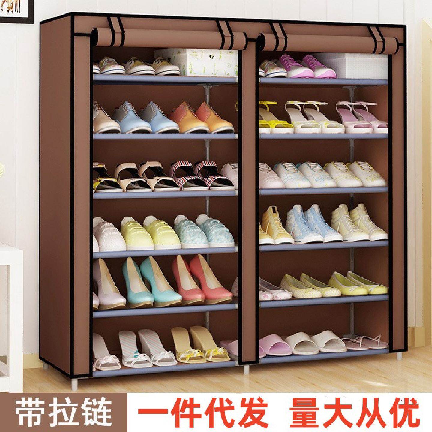 简易鞋架双排大容量收纳宿舍组装鞋柜带防尘布罩子大量现货批发