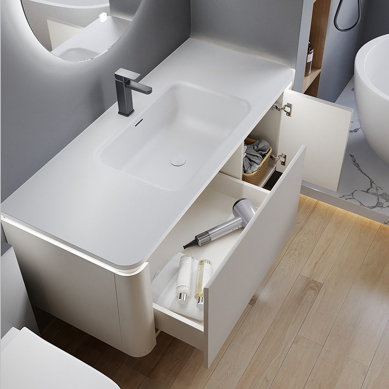 熠达圆弧形柜体带感应灯带肤感一体盆洗漱池面盆卫浴柜浴室柜厂家