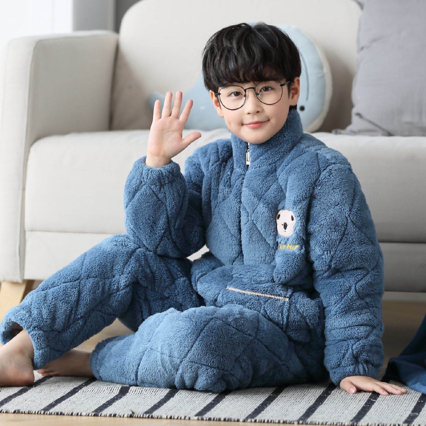 儿童睡衣男孩秋冬季法兰绒三层夹棉加厚款中大童男童珊瑚绒家居服