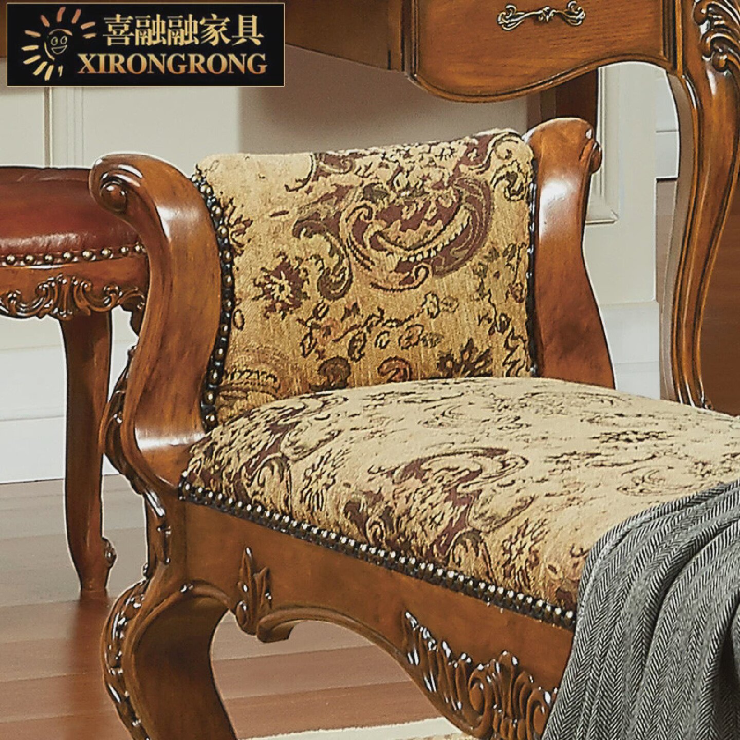 美式乡村实木床尾凳欧式古典小沙发布艺床边凳卧室床榻床凳长凳