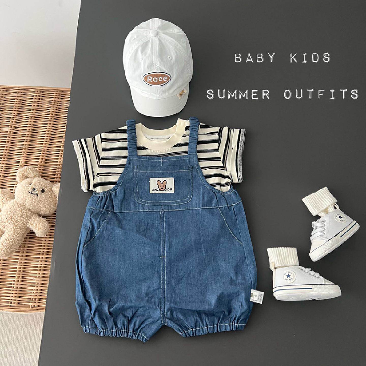 INS夏季男女宝宝连体衣婴幼儿牛仔背带裤T恤套装外穿背带裤两件套