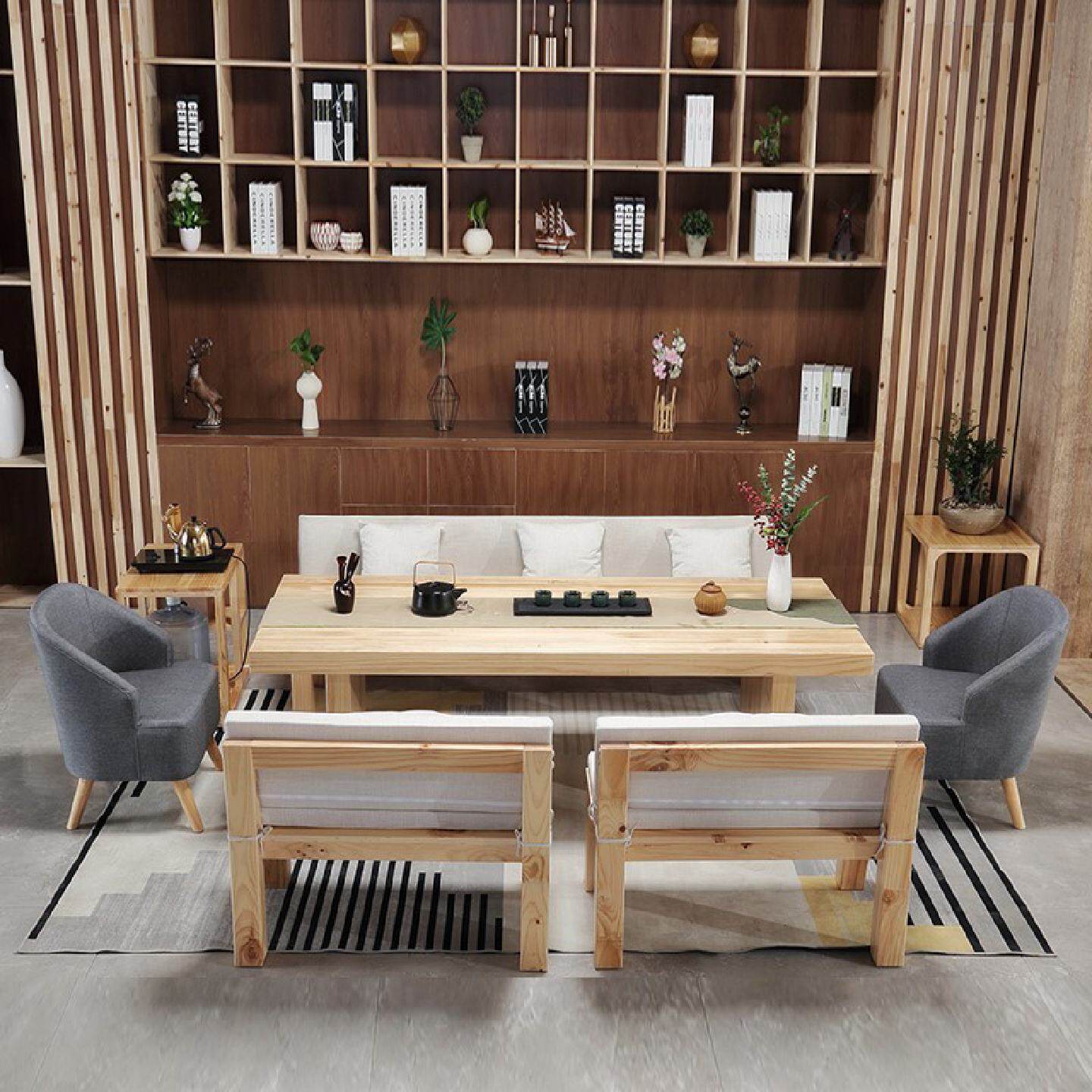 新中式实木茶桌椅组合禅意原木色办公洽谈茶台办公室接待沙发桌椅