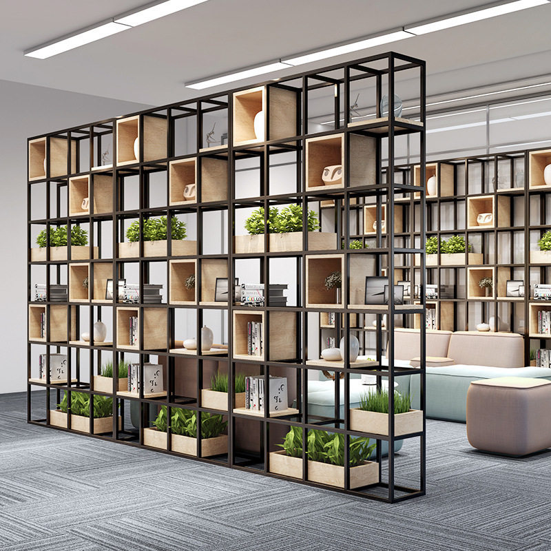 铁艺隔断置物架办公室实木书架子餐厅客厅收纳展示架柜金属书架