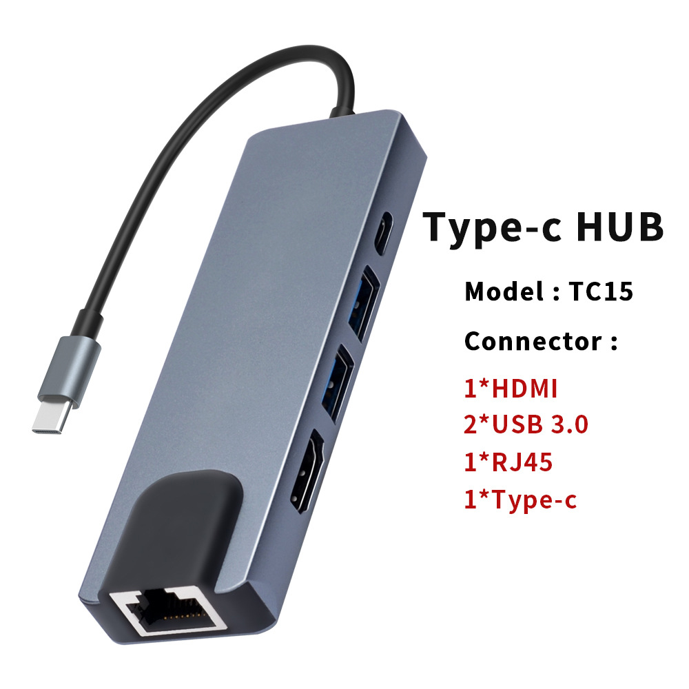 Type-c 转hd Rj45网卡pd充电 usb3.0拓展坞笔记本hub集线器5合1
