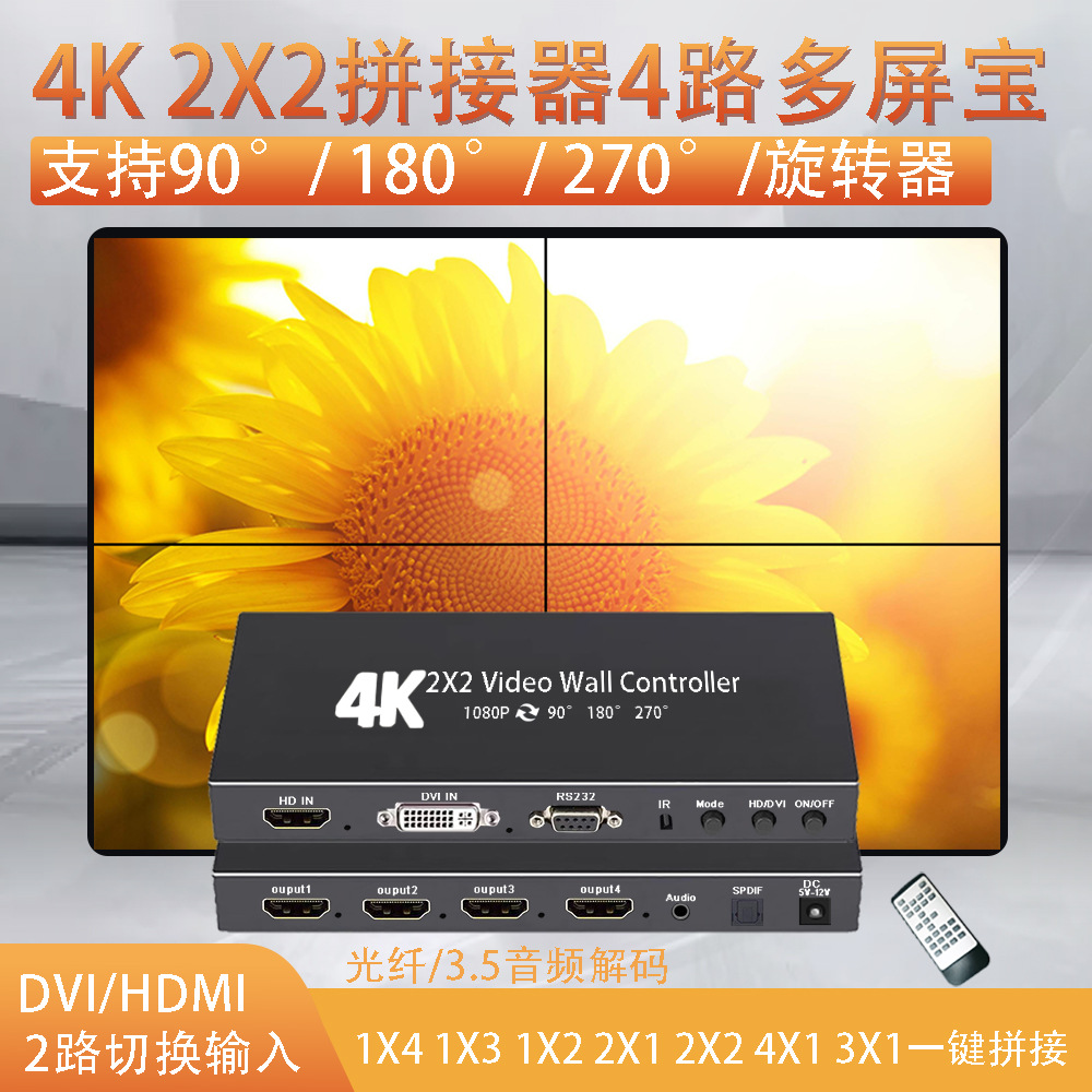 HDMI拼接器2X2旋转拼接90度180度270度多屏宝4K电视拼接盒一进四
