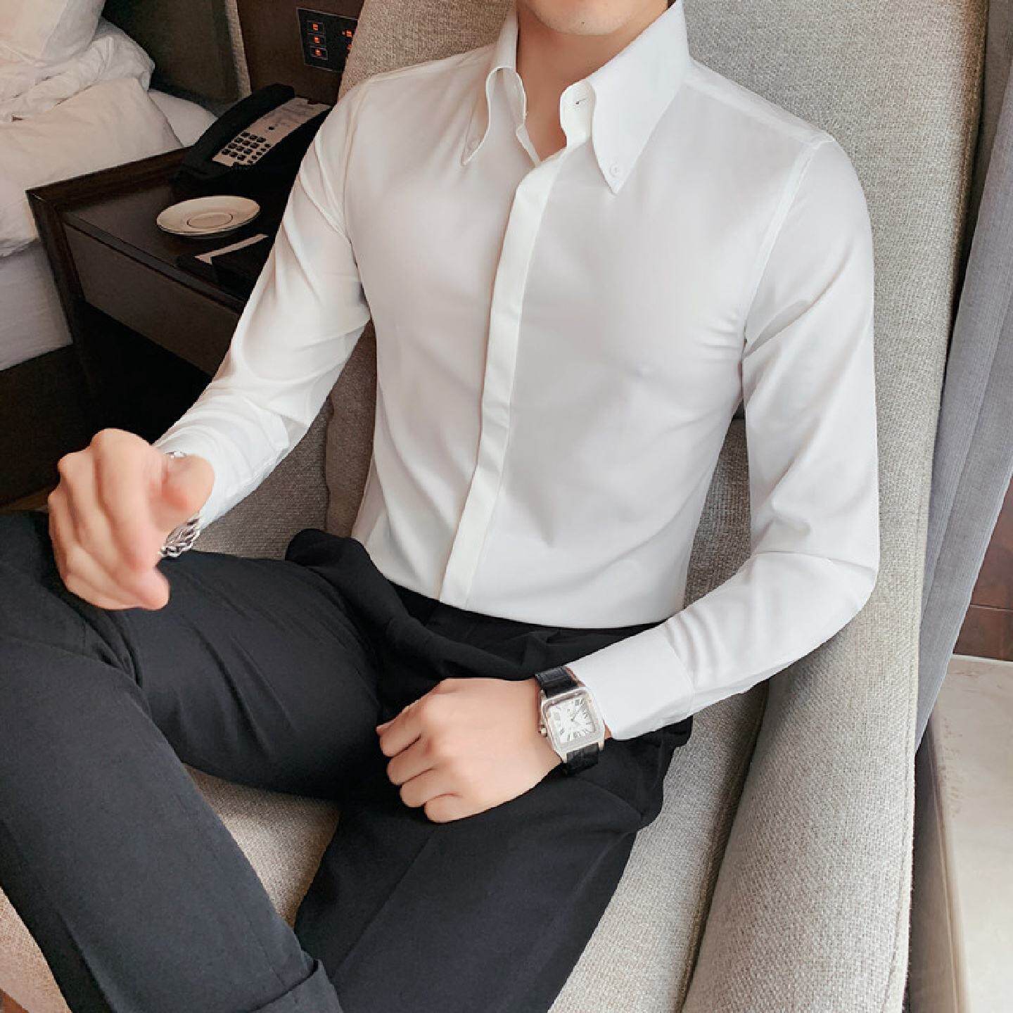 白衬衫男长袖修身免烫商务正装上班新郎结婚西装衬衣大领子寸衫男