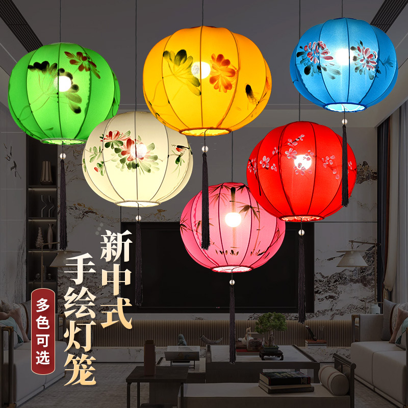 新款圆形布艺吊灯火锅店酒店茶楼开业特色手工七彩绘画古典红灯笼