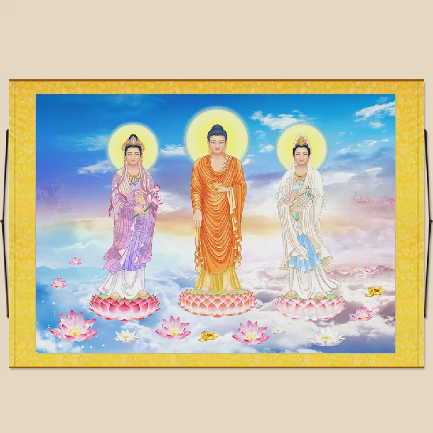 高清西方三圣接引佛图绢布横幅挂画阿弥陀佛大势至观音菩萨画像