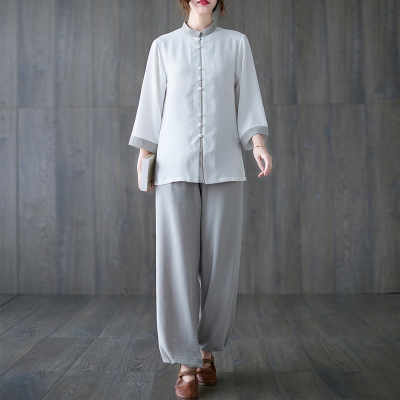 中国风女装新款春夏太极服男女棉麻武术表演练功服工作服茶服套装