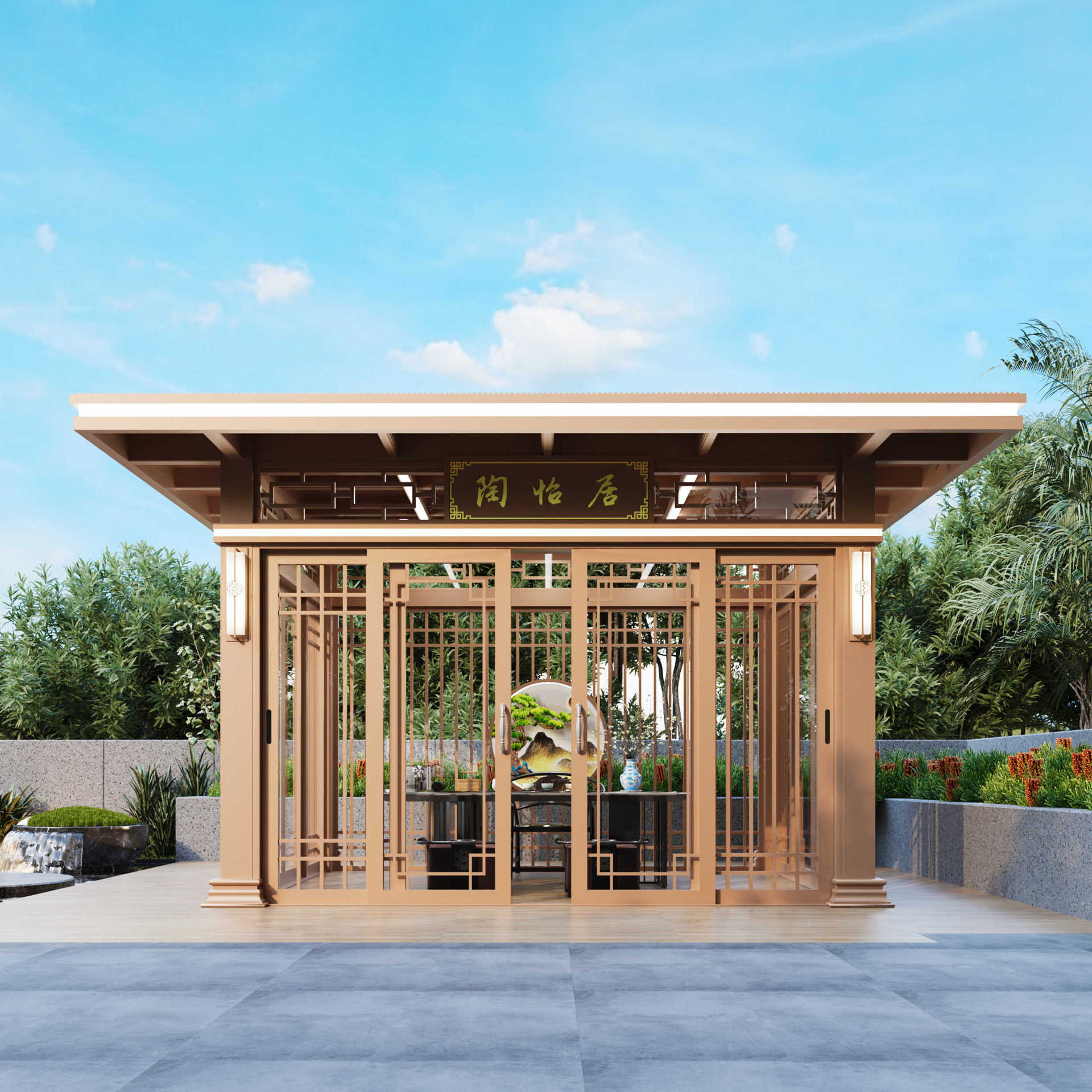 粤领新中式别墅露台亭子仿古四角公园凉亭户外庭院铝合金中式凉亭