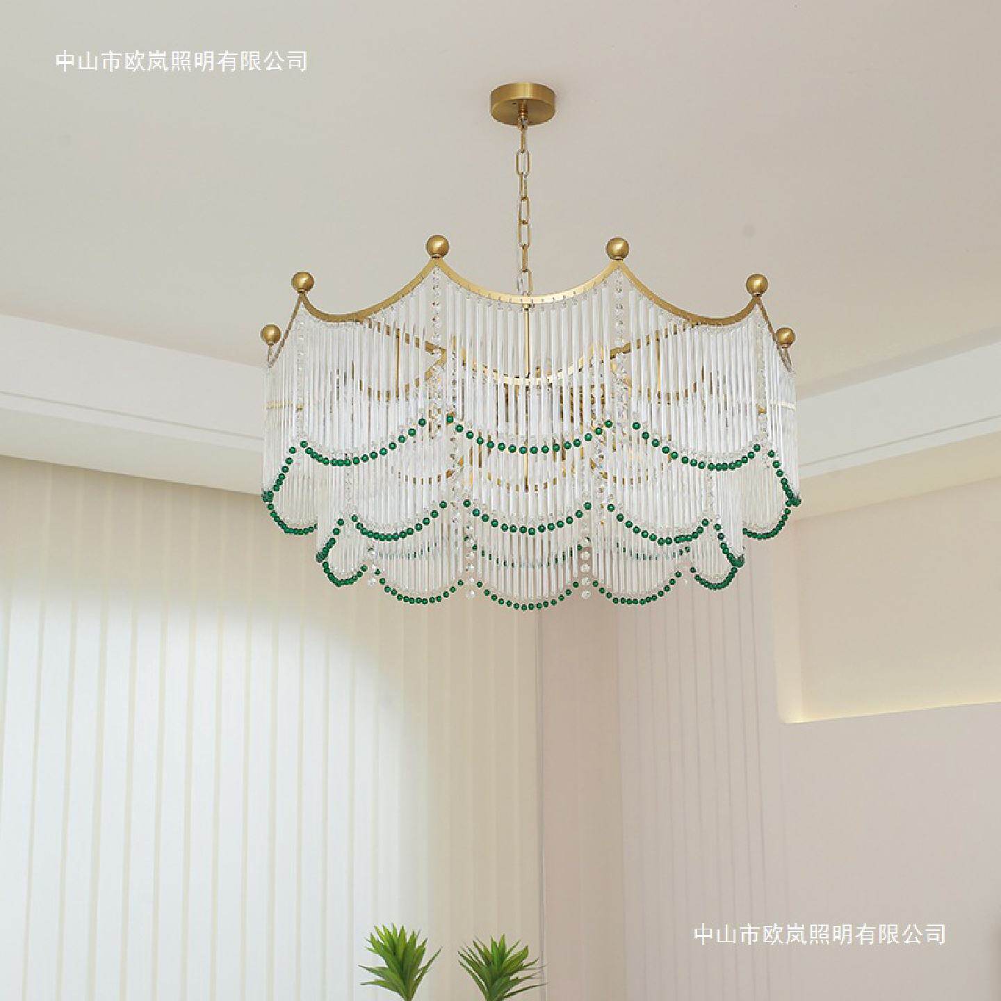 法式奶油复古绿色流苏圆球水晶玻璃条客厅吊灯美式现代轻奢餐厅灯