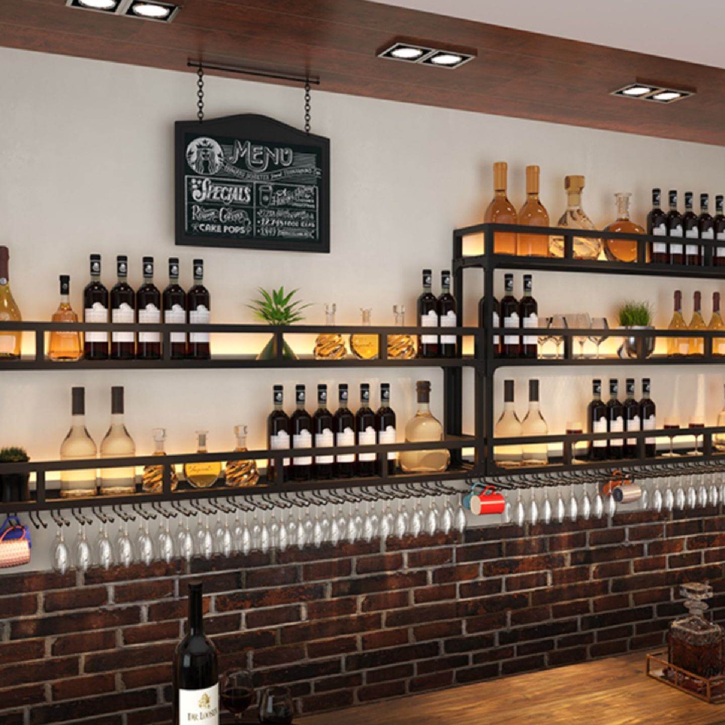 酒吧灯光酒架壁挂吧台墙上展示架倒挂杯架饭店家用挂墙酒柜置物架