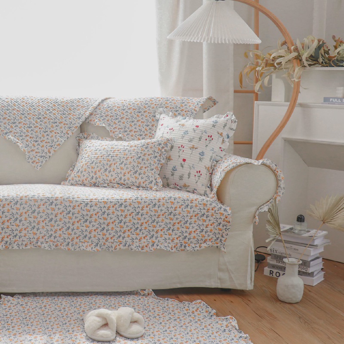 韩国田园花皮革棉沙发垫套在织物垫子防滑四季中性斯堪的纳维亚休