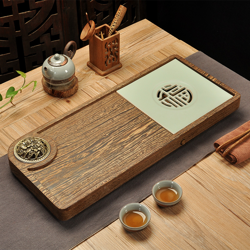 整块鸡翅木茶盘香道现代简约黑檀实木茶盘茶海茶台干泡台汝窑瓷片